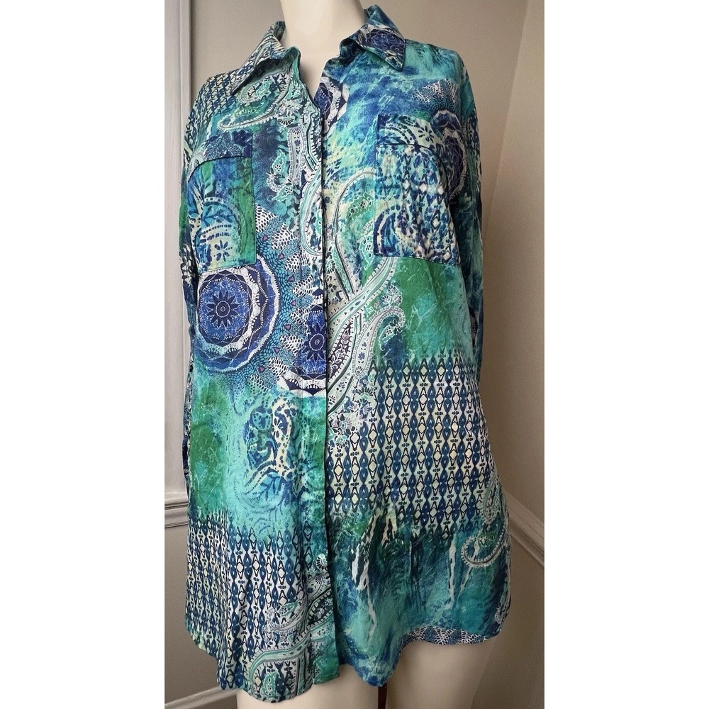 Chico's Size 2 (Large 12) Women's  Green Paisley Button Up Collared Long Sleeves